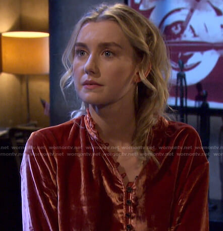 Claire's orange velvet blouse on Days of our Lives