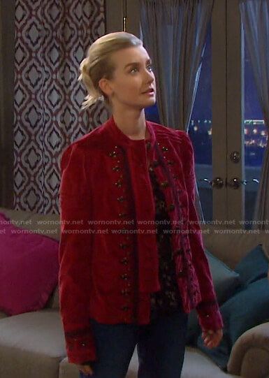 Claire’s red military velvet jacket on Days of our Lives