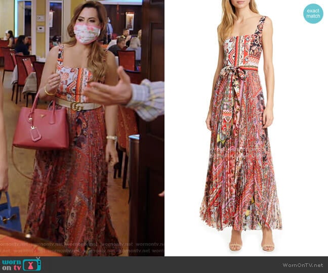 Deonna Pleated Tie Waist Maxi Dress by Alice + Olivia worn by D’Andra Simmons on The Real Housewives of Dallas