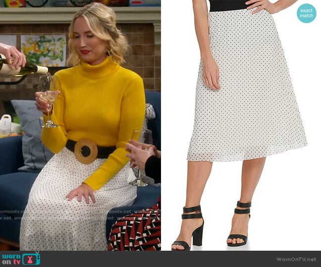 DKNY Dot Print Chiffon Pleated Pull-On A-Line Midi Skirt worn by Mandy Baxter (Molly McCook) on Last Man Standing