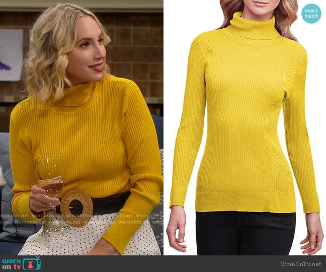 WornOnTV: Mandy’s yellow turtleneck and white pleated polka dot skirt ...