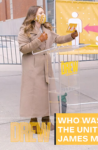 Drew’s beige wrap coat on The Drew Barrymore Show