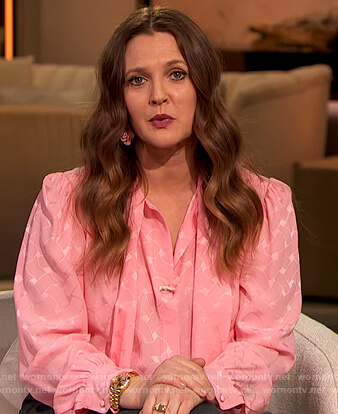 Drew's pink tie neck printed blouse on The Drew Barrymore Show