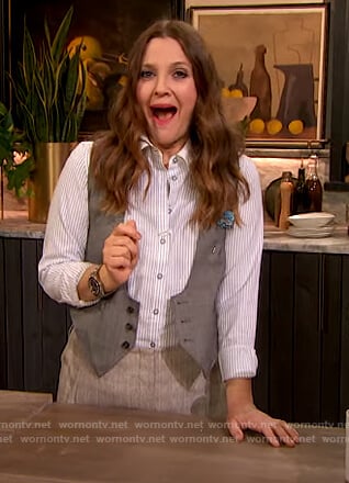 Drew’s blue pinstripe shirt and pants on The Drew Barrymore Show