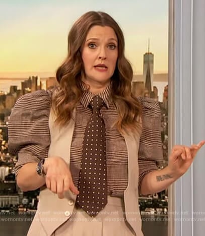 Drew’s check puff sleeve blouse on The Drew Barrymore Show