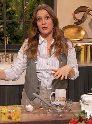 Drew’s blue pinstripe shirt and pants on The Drew Barrymore Show