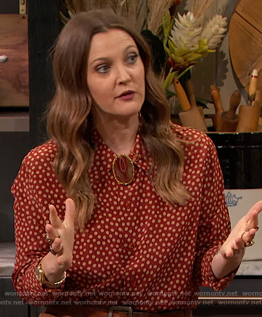 Drew's red polka dot blouse and pants on The Drew Barrymore Show