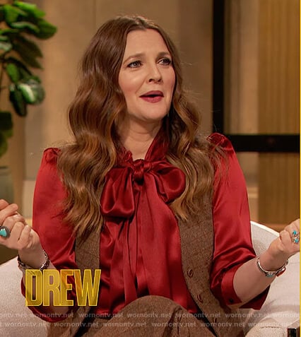 Drew’s red satin tie neck blouse on The Drew Barrymore Show