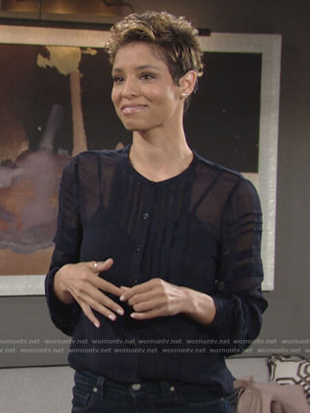 Elena’s sheer navy stripe blouse on The Young and the Restless