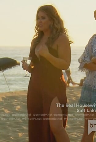 Emily's burgundy maxi dress with slits on The Real Housewives of Orange County