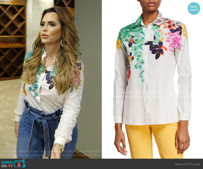 Bouquet-Print Cotton Poplin Shirt by Etro worn by D’Andra Simmons  on The Real Housewives of Dallas