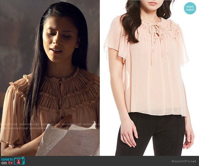 Evolutionary Tie Neck Pleated Yoke Blouse worn by June Park (Daniela Norman) on Tiny Pretty Things