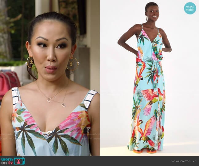 Macaw Wrap Dress by Farm Rio worn by Tiffany Moon on The Real Housewives of Dallas