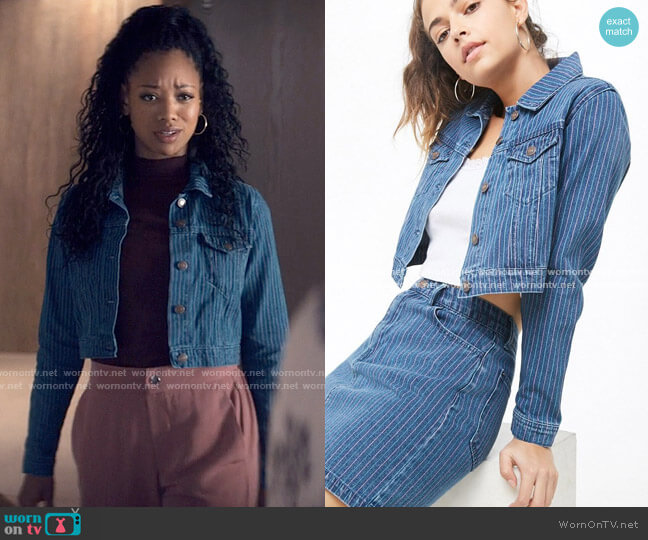 Forever 21 Pinstripe Denim Jacket worn by Neveah Stroyer (Kylie Jefferson) on Tiny Pretty Things