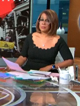 Gayle King’s black scalloped trim dress on CBS This Morning