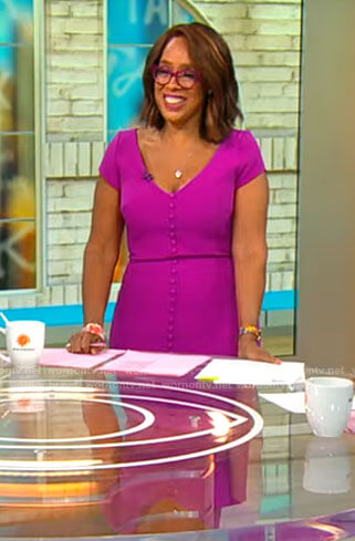 Gayle King's pink buttoned v-neck dress on CBS Mornings