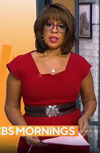 Gayle’s red folded neck dress on CBS Mornings