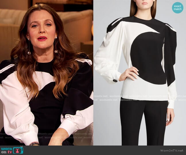 Bonded Graphic Silk Puff-Sleeve Blouse by Givenchy worn by Drew Barrymore on The Drew Barrymore Show