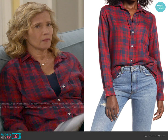 Grayson The Hero Print Button-Up Shirt in Julia Red and Navy Plaid worn by Vanessa Baxter (Nancy Travis) on Last Man Standing