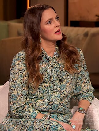 Drew’s floral tie neck blouse and skirt on The Drew Barrymore Show
