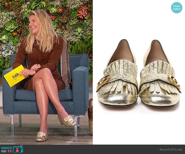 Metallic Laminate Calfskin GG Marmont Fringe Loafer Pumps 40 Platinum by Gucci worn by Amanda Kloots on The Talk