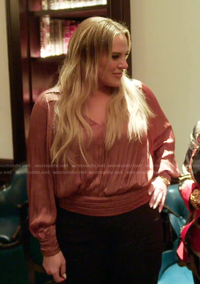Heather's pink v-neck pleated top on The Real Housewives of Salt Lake City