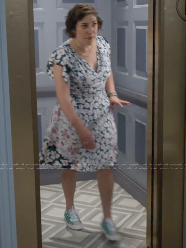 Kat's mixed floral print dress and green glitter sneakers on Call Me Kat