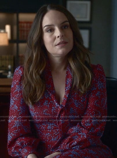 Izzy’s red floral tie neck dress on Bull