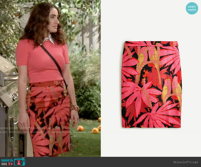 J. Crew No 2 Pencil Skirt in Palm Print Grass Cloth worn by Jackie Raines (Rachel Sennott) on Call Your Mother