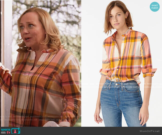 Ruffleneck tuxedo shirt in plaid by J.Crew worn by Nicole Sullivan on Black-ish