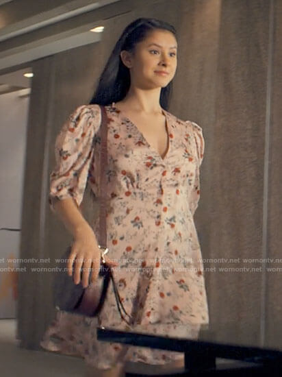 June's pink floral v-neck dress on Tiny Pretty Things