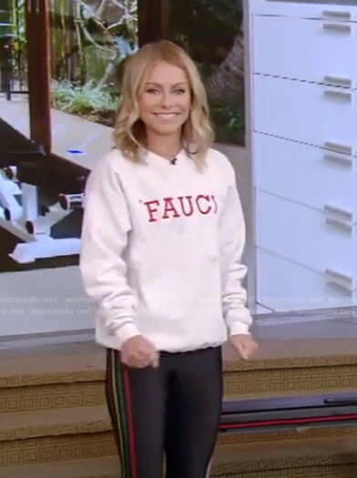 Kelly's Fauci sweatshirt and leggings on Live with Kelly and Ryan
