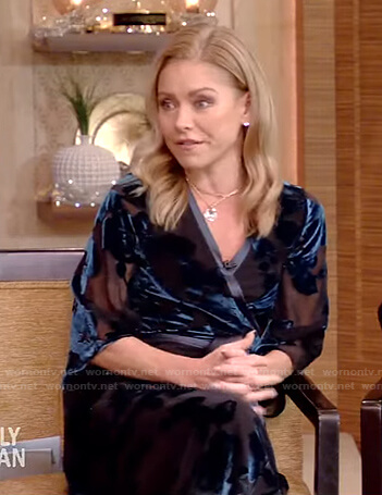 Kelly's blue velvet trim wrap dress on Live with Kelly and Ryan