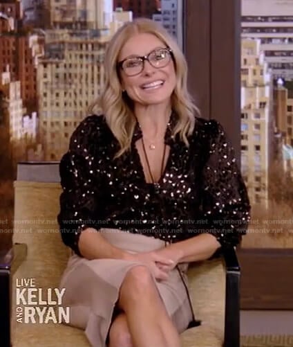 Kelly's black metallic tie neck blouse and pencil skirt on Live with Kelly and Ryan