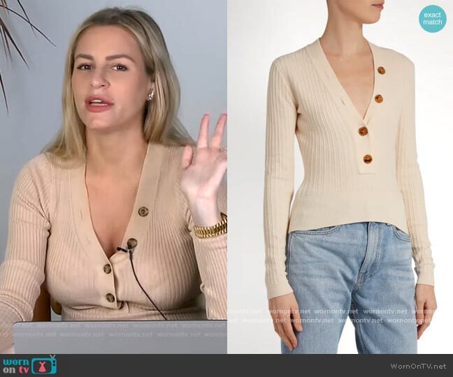 Gloria V-neck Ribbed Knit Sweater by Khaite worn by Morgan Stewart on E! News