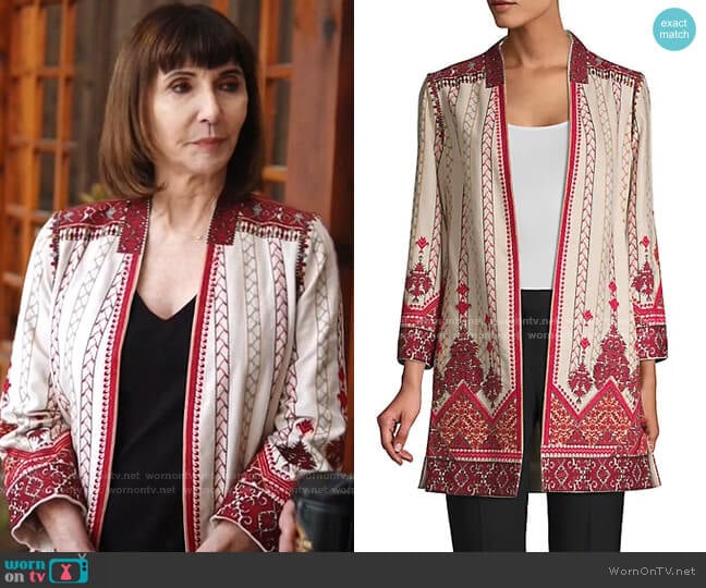 Lexy Embroidered Linen-Blend Coat by Kobi Halperin worn by Maggie Clarke (Mary Steenburgen) on Zoeys Extraordinary Playlist