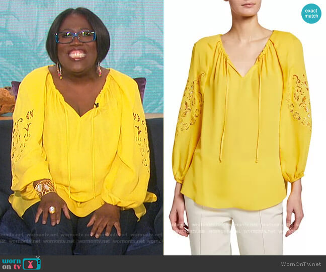 Paulina Cutout Silk Blouse by Kobi Halperin worn by Sheryl Underwood on The Talk