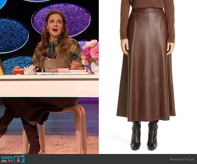 Sumner Plonge Leather Midi Skirt by Lafayette 148 worn by Drew Barrymore on The Drew Barrymore Show