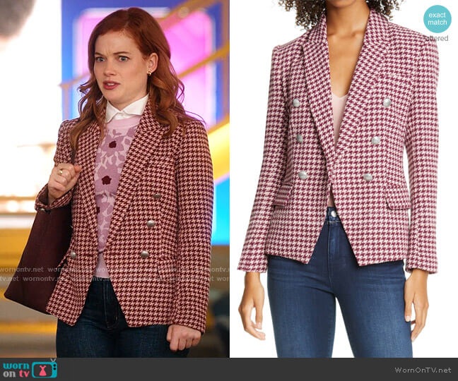 Kenzie Double Breasted Houndstooth Tweed Blazer by L'Agence worn by Zoey Clarke (Jane Levy) on Zoeys Extraordinary Playlist