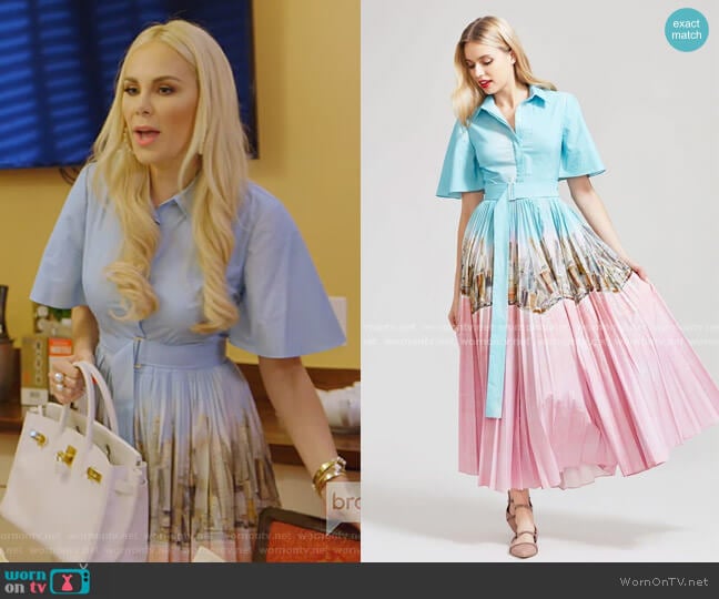 New York City Printed Pleated Shirt Dress by Lela Rose worn by Kameron Westcott on The Real Housewives of Dallas