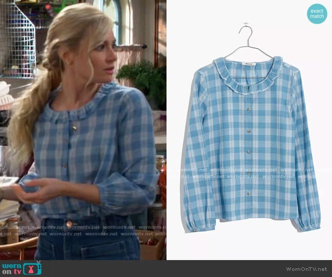 Madewell Ruffle-Neck Top in Colwell Plaid worn by Gemma (Beth Behrs) on The Neighborhood