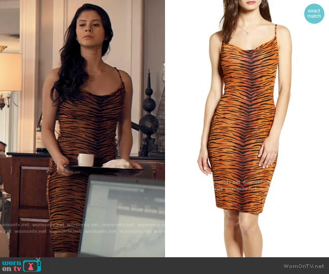 Madison & Berkeley Tiger Print Cowl Body-Con Dress worn by June Park (Daniela Norman) on Tiny Pretty Things