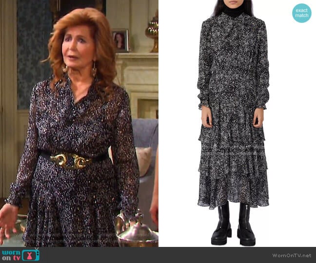 Ruffo Printed Ruffled Maxi Dress by Maje worn by Maggie Horton (Suzanne Rogers) on Days of our Lives