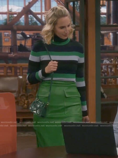 Mandy’s striped turtleneck and green leather skirt on Last Man Standing