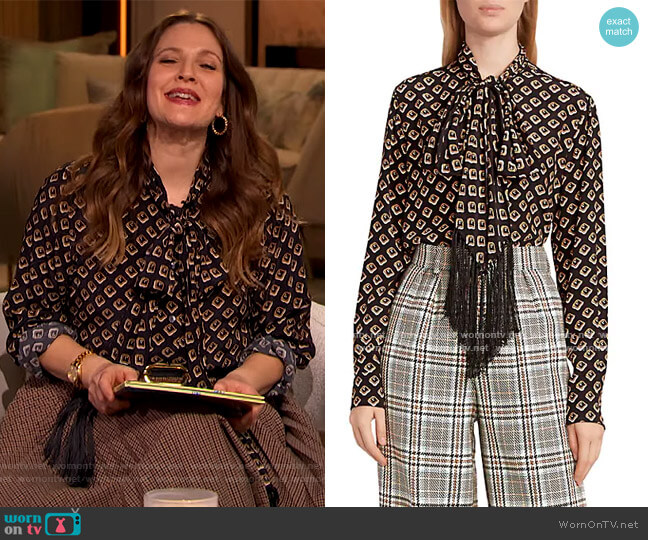 Runway Fringe Tieneck Top by Marc Jacobs worn by Drew Barrymore on The Drew Barrymore Show