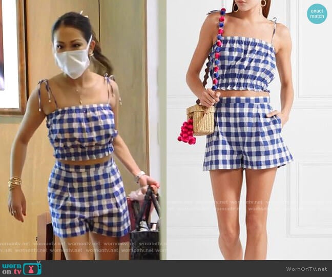 Cropped Gingham Fil Coupe Cotton Top and Shorts by MDS Stripes worn by Tiffany Moon on The Real Housewives of Dallas