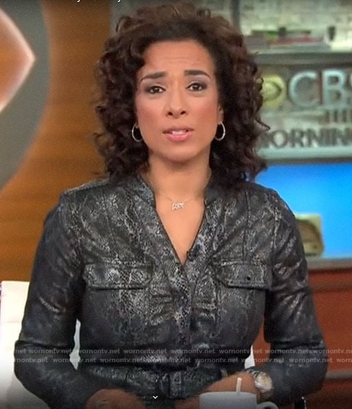 Michelle Miller's metallic snake print shirtdress on CBS This Morning