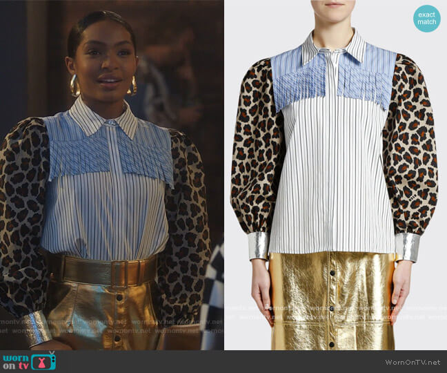 Printed Puff-Sleeve Fringe Blouse worn by Zoey Johnson (Yara Shahidi) on Grown-ish