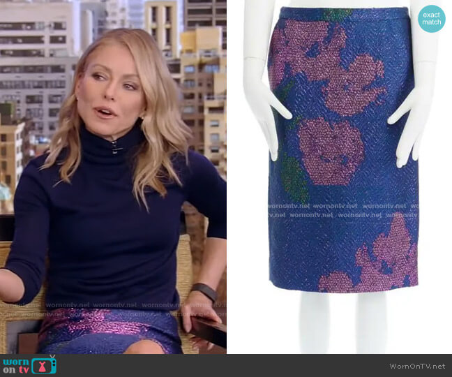 WornOnTV: Kelly’s navy turtleneck sweater and floral skirt on Live with ...