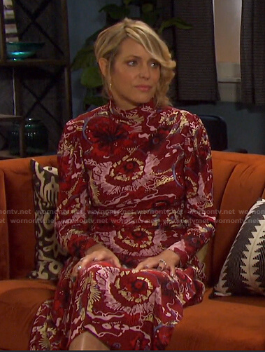 Nicole’s red floral mock neck dress on Days of our Lives